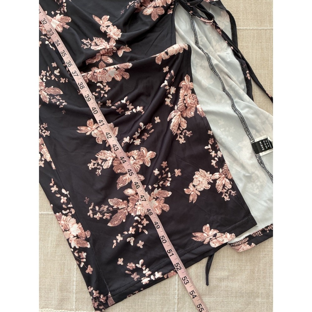 SHEIN SXY Midi Dress XL Black Pink Floral Cutout Ruched Side Slit Twist Front - Picture 8 of 10